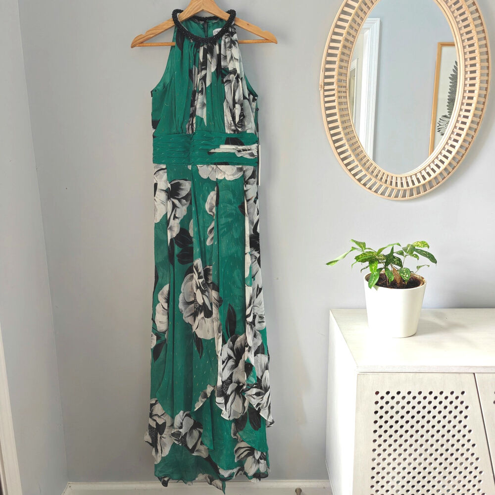 NWT Calvin Klein Floral Draped Halter Maxi Gown Green Beaded Neck Size 4